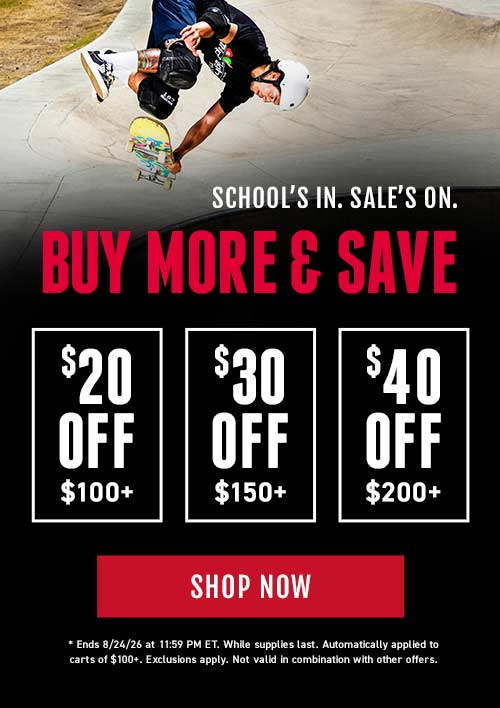 Promotional flyer for a skateboarding product featuring a skateboarder performing a trick on a concrete ramp, with text reading 'BUY MORE & SAVE' and discount tiers '$20 OFF $100+', '$30 OFF $150+', and '$40 OFF $200+'. Mobile